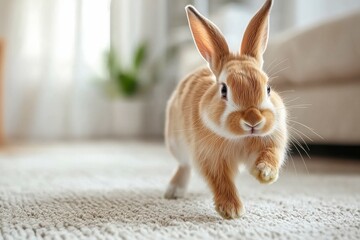 A Brown and White Rabbit Running Across a Carpet