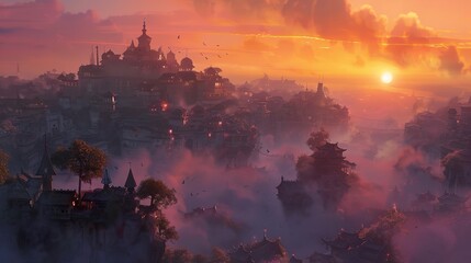 A mystical city nestled amongst the clouds with a breathtaking sunset.