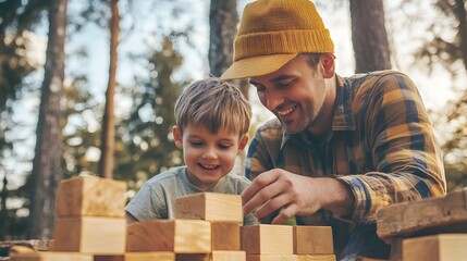 Father and son playing with building blocks in a forested outdoor setting