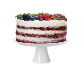 Tasty sponge cake with different berries and mint isolated on white