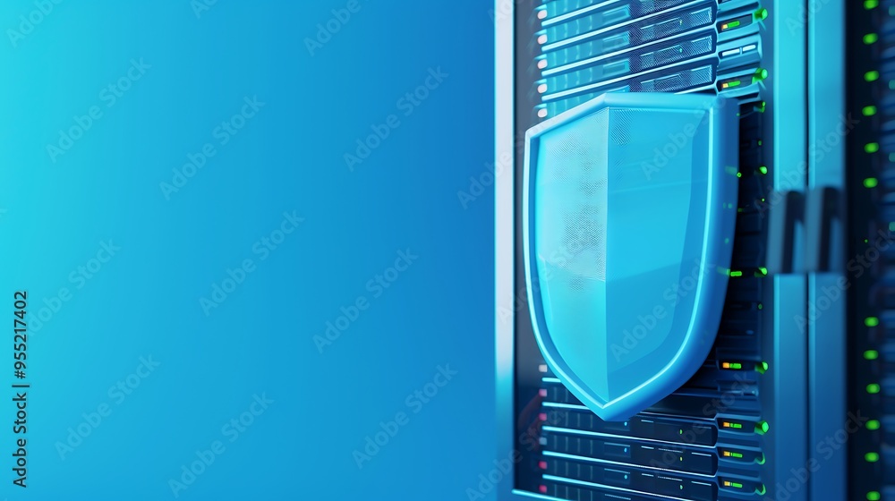 Aufkleber secure data server with a blue shield, highlighting cybersecurity and data protection in a modern te
