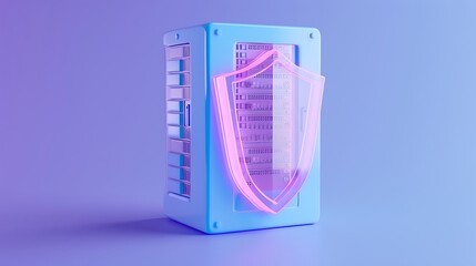 Secure data server with a pink shield icon, representing cybersecurity and data protection in a modern digital environment.