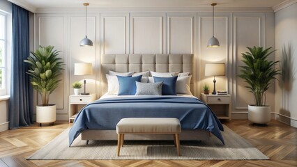 Calming bedroom sanctuary with white and blue linens, contemporary headboard, and stylish accents for a sense of