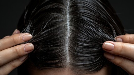 Obraz premium Close-up of a woman's head with hands holding her hair, focusing on treatment for damage, oiliness, and breakage. Copy space.