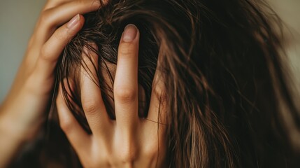 Obraz premium Close-up of a woman's head with hands holding her hair, focusing on treatment for damage, oiliness, and breakage. Copy space.