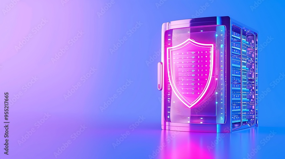 Poster secure data server with digital shield icon, representing cybersecurity and data protection in a mod