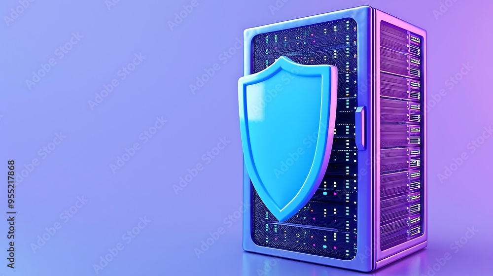 Poster secure data server with shield symbolizing protection on a purple background. concept of cybersecuri