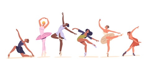 Diverse Ballerinas Showcasing Graceful Dance Moves and Elegant Poses, Represent Unique Styles and Expressions
