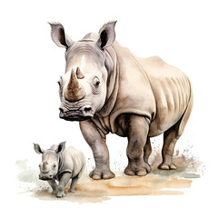 Obraz premium Beautiful Rhino Watercolor Clipart, Rhinoceros Colored Design for Your Corporate and Business Graphic Resource or Creative Project, Ai Generative