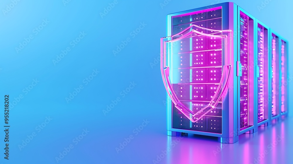 Poster secure data storage concept with a glowing shield over a server rack in a modern data center with a 