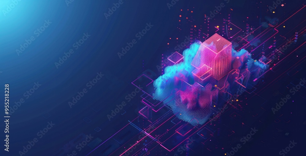 Poster abstract cloud computing concept with neon colors and digital elements in a futuristic background
