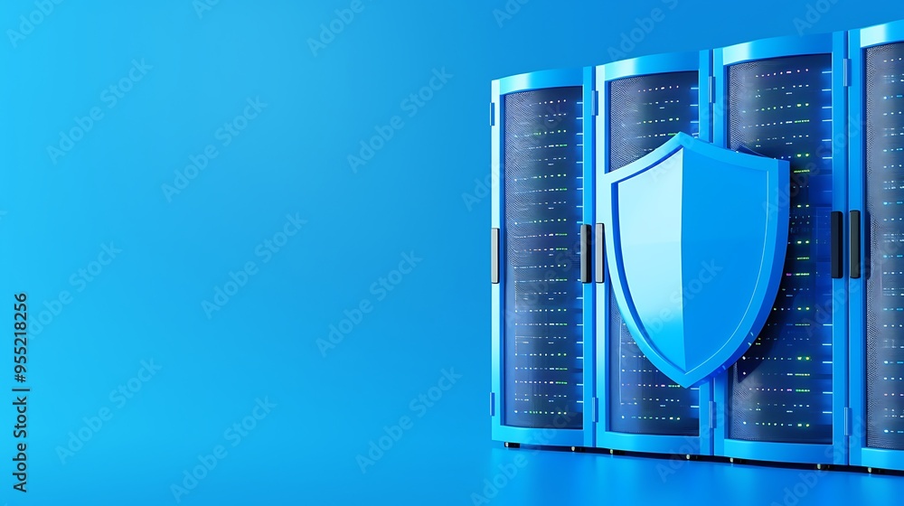 Aufkleber secure data storage concept with shield icon and server racks, representing reliable data protection