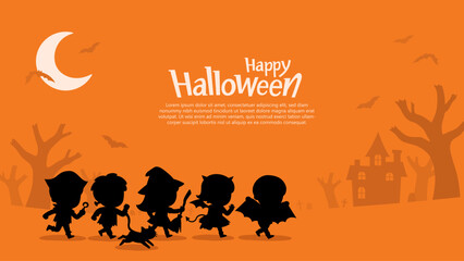 Silhouette of Children dressed in Halloween costumes to go Trick or Treating with a cat. Halloween costume kids in spooky holiday. Template for advertising brochure.