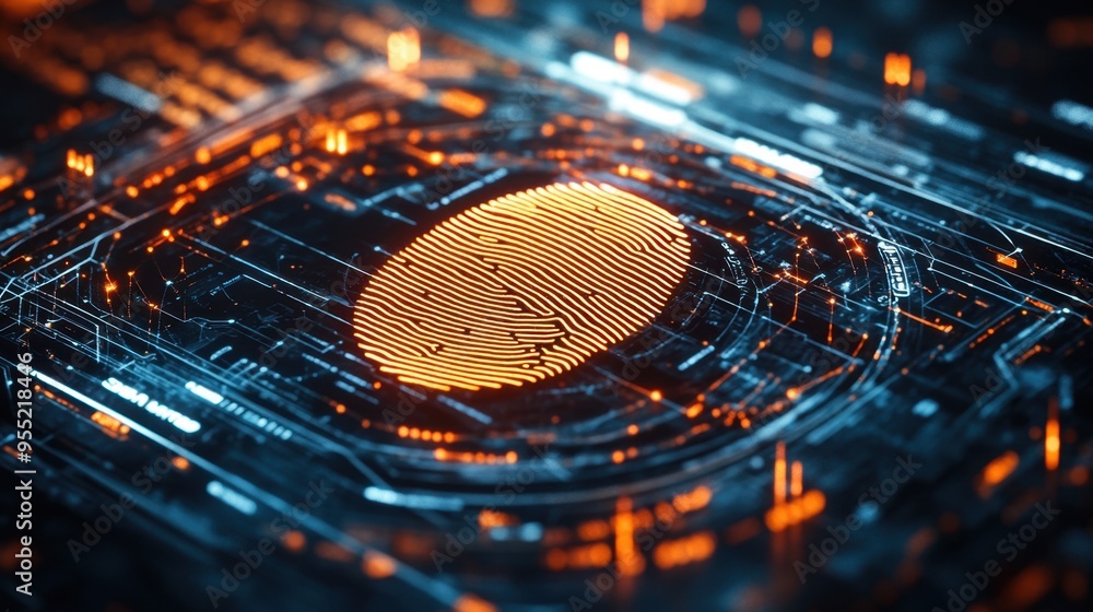 Poster close-up of a digital fingerprint scanning on a futuristic interface, representing personal data sec