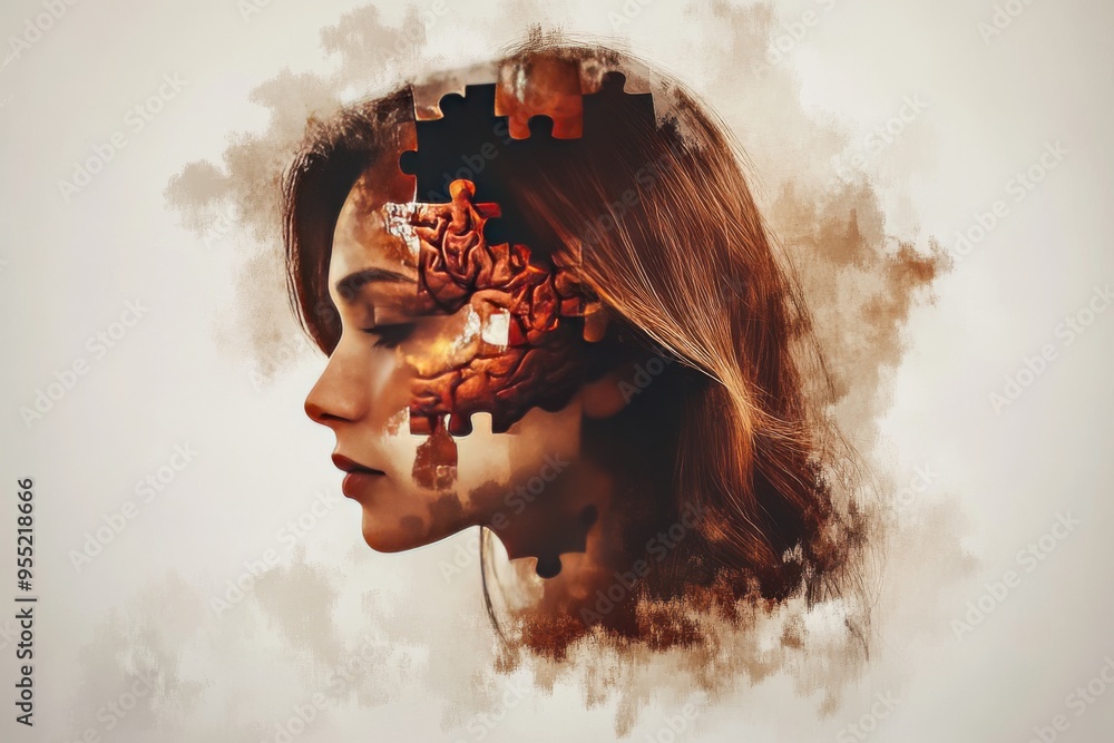 Poster brainwave resonance genius double exposure of a womans profile merging with puzzle pieces symbolizin