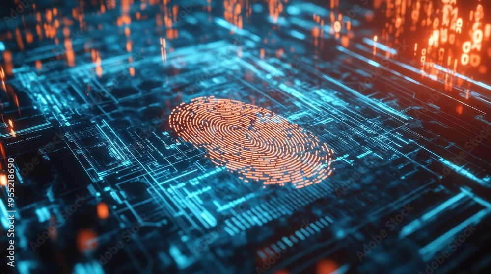 Poster close-up of a digital fingerprint scanning on a futuristic interface, representing personal data sec