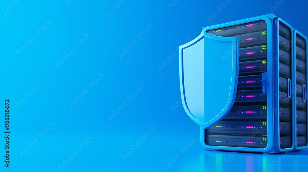 Aufkleber secure server data center with a blue shield on a modern server rack on a blue background, represent
