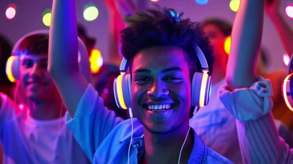 happy smiling African American teenager wearing headphones dancing. Music lover. code party, silent disco. Enjoy moment in club neon colors 4k video - Powered by Adobe