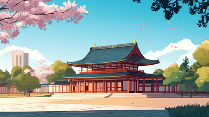 Obraz premium Japanese temple illustration in anime style, traditional oriental architecture with cherry blossoms, serene asian landscape under blue sky