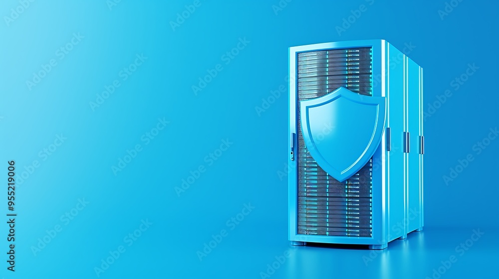 Poster secure server data protection concept with server rack and shield symbol on blue background, represe