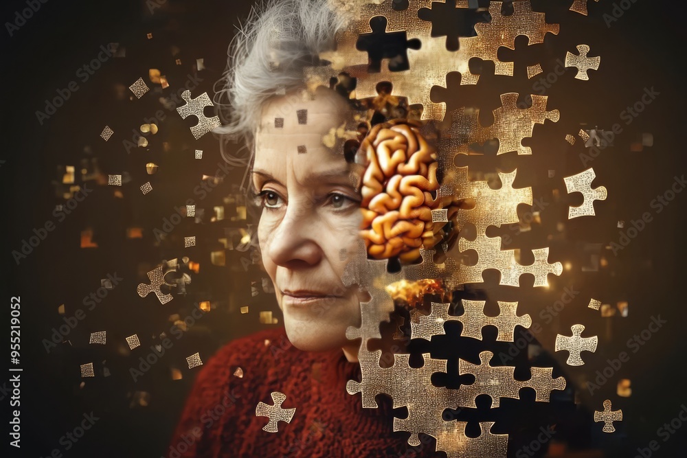 Poster neural connectivity genius elderly womans face fading into puzzle pieces symbolizing memory erosion 