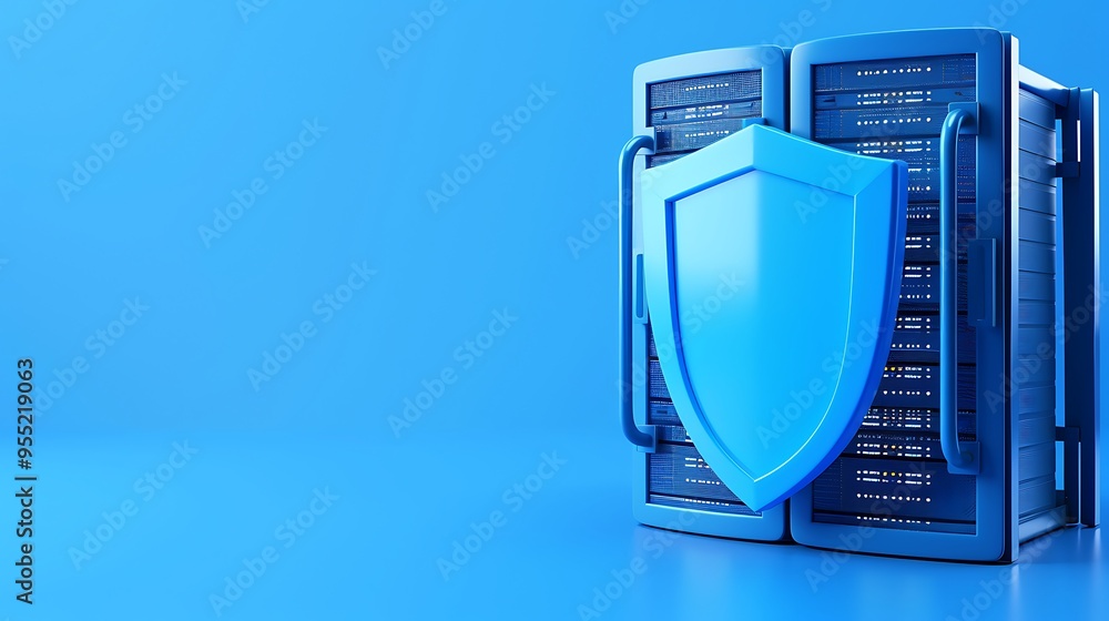 Poster secure server data protection concept with shield symbol in blue background representing cybersecuri
