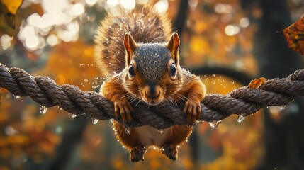 Obraz premium Squirrel on a rope with autumn leaves in a blurred background