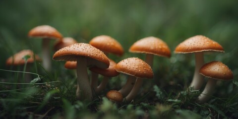 Fototapeta premium Close-up shot of small wild mushrooms in green grass.