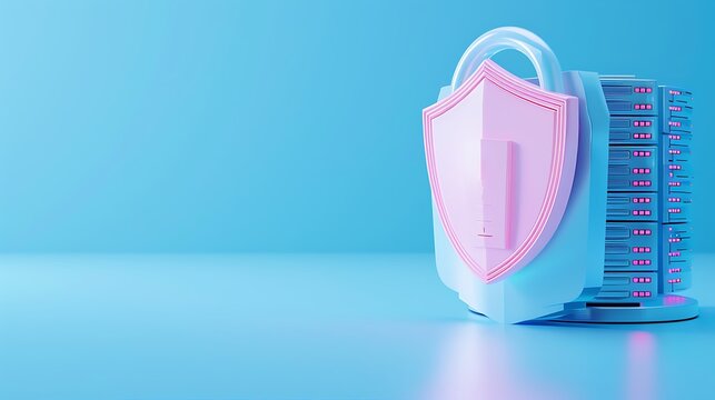 Secure server protection concept with padlock and shield on a stack of servers. Cybersecurity and data protection. Blue and pink colors.