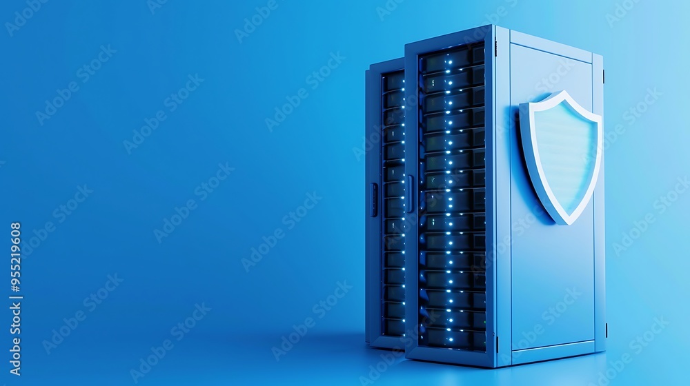 Aufkleber secure server rack with a shield symbol illustrating data protection and cybersecurity on a blue bac