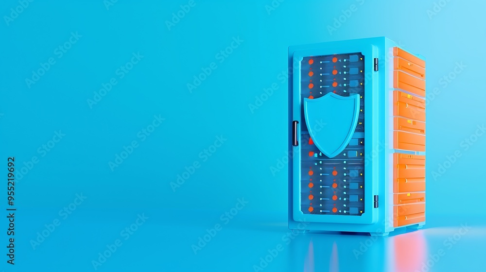 Poster secure server rack with a shield symbol representing data protection and cybersecurity measures. blu