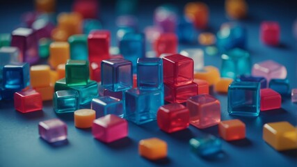Close up color plastic block is build project on blue background.