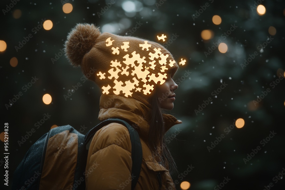 Poster neural collaboration genius womans head with a glowing brain and puzzle pieces symbolizing the compl