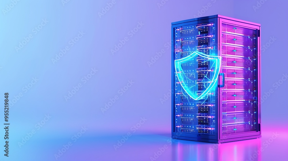 Poster secure server rack with glowing shield icon representing cybersecurity and data protection in a futu