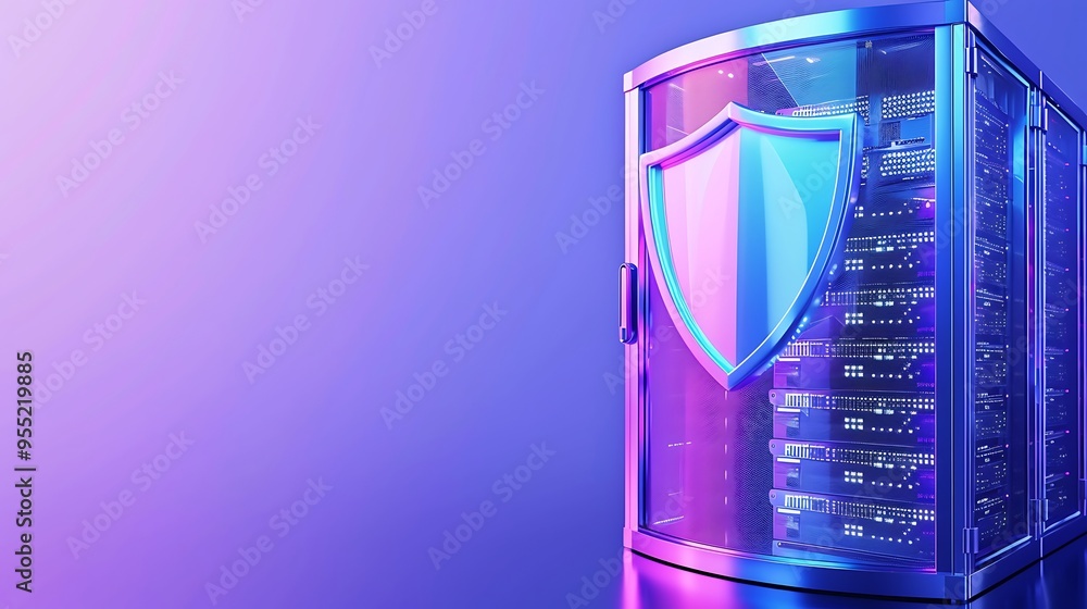 Poster secure server rack with neon lights and a shield symbolizing strong cybersecurity on a gradient back