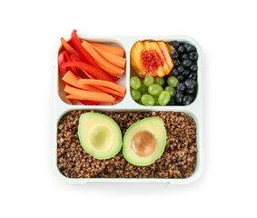 Lunch box with buckwheat, fruits and vegetables isolated on white, top view