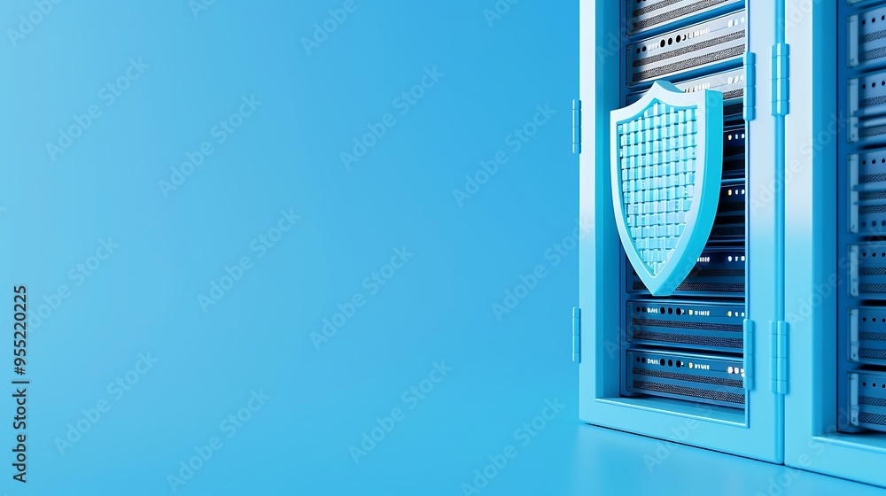 Poster secure server room with a shield symbol on the server rack, emphasizing data protection and cybersec