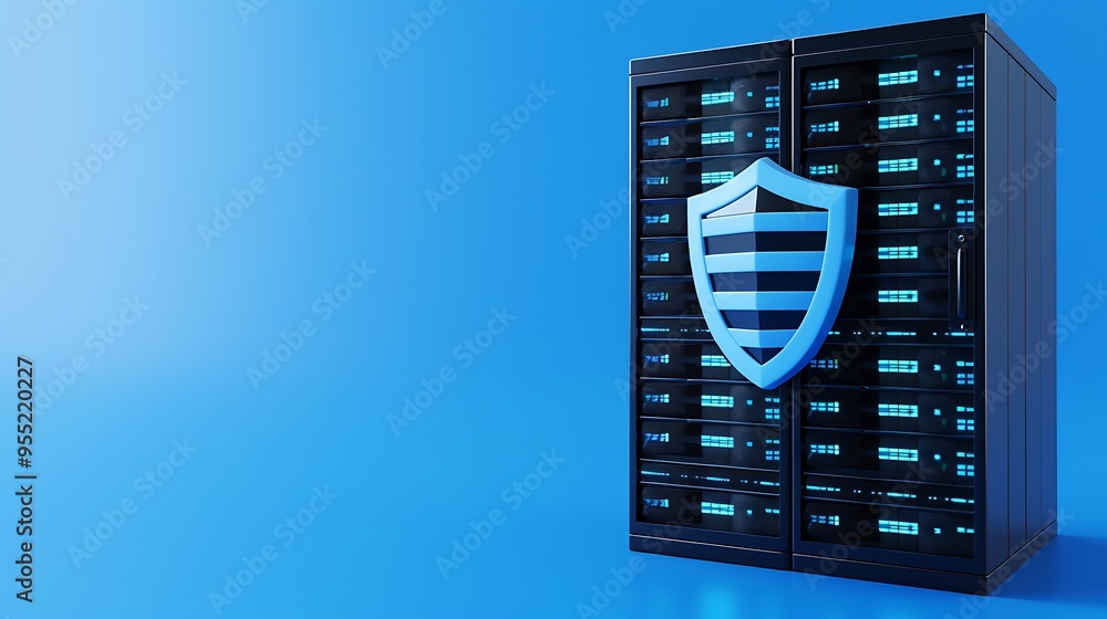 Poster secure server room with a shield symbol representing data protection and cybersecurity, set against 