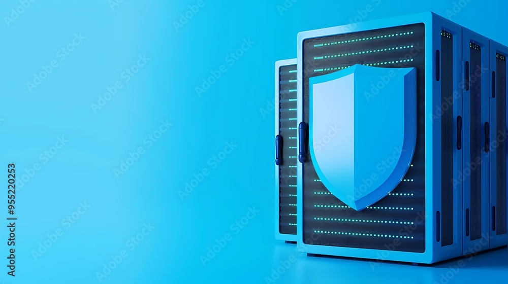 Poster secure server room with data protection symbol. concept of cybersecurity, data security, and informa