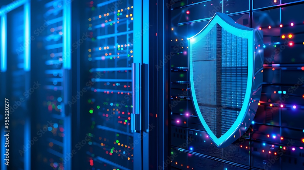 Poster secure server room with blue lighting and digital shield symbol representing data protection and cyb