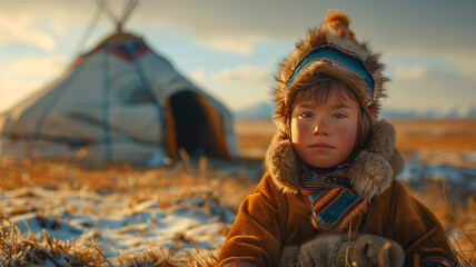 little Mongolian boy in the steppes of Mongolia outside the yur