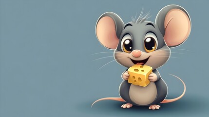 Cute Cartoon Mouse Holding a Piece of Cheese