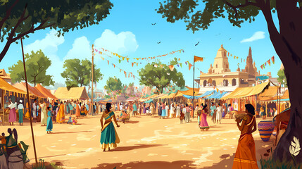 Village fair: a lively village fair in rural india, with folk music, dance performances, traditional games, and local handicrafts on display. Village. Illustration