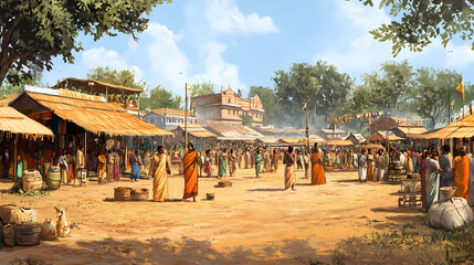 Village fair: a lively village fair in rural india, with folk music, dance performances, traditional games, and local handicrafts on display. Village. Illustration