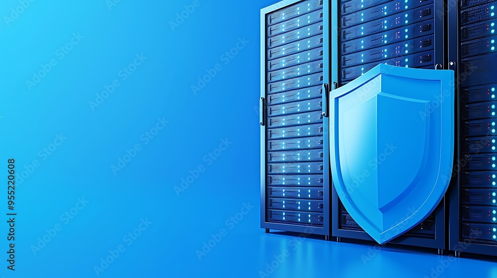 Poster secure server room with shield symbolizing data protection, cybersecurity concept with blue backgrou