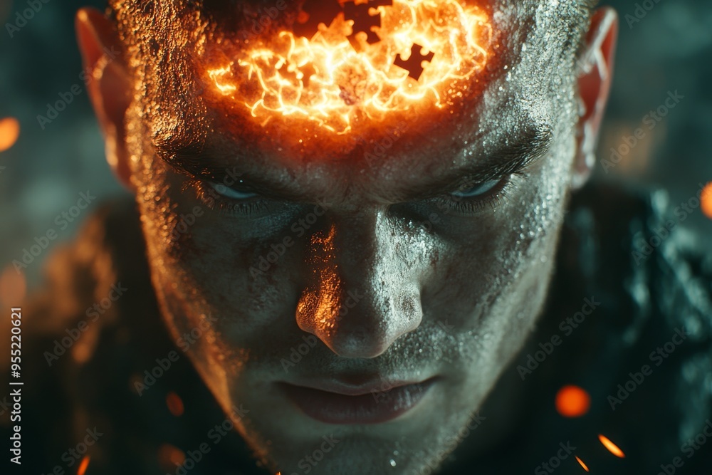 Poster neurocognitive bonding brain cell intense close up of a mans face with a glowing brain representing 