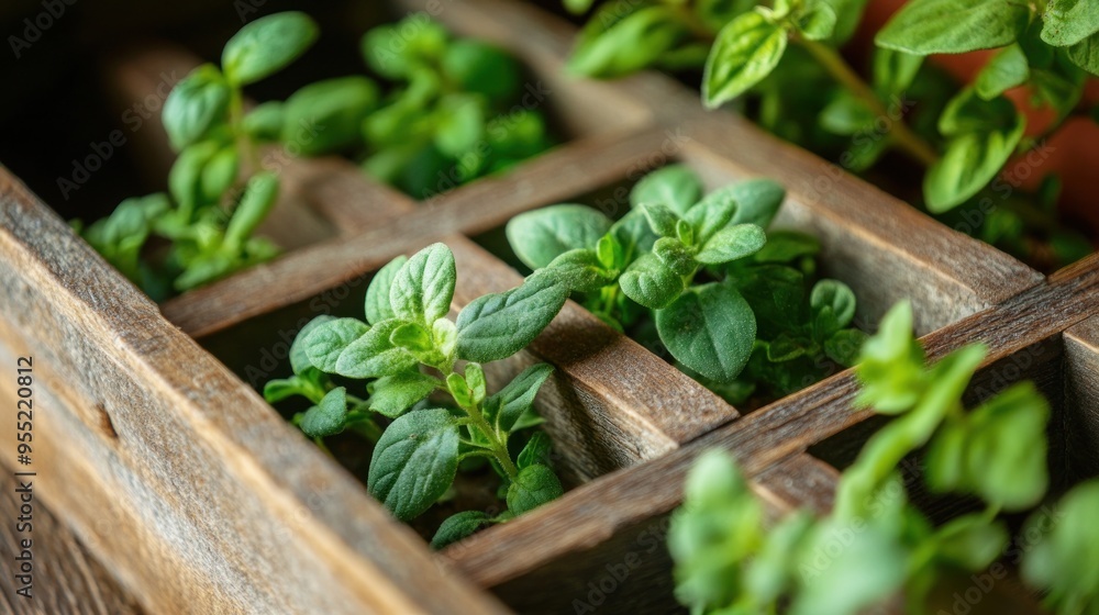 Wall mural Fresh Green Herbs in a Wooden Planter