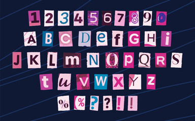 Collection of magazine cutout alphabet font with ripped and torn edges. 2000s aesthetic. Cut letters and numbers from newspaper in trendy pop art style.