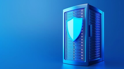 Secure server with a protective shield icon on a blue background, representing cybersecurity, data protection, and information security.