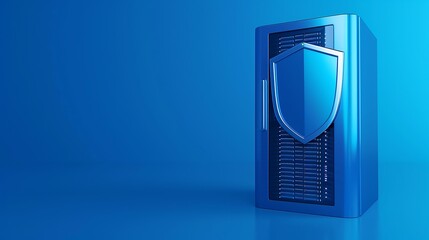 Secure server with blue shield, representing cybersecurity and data protection, on a blue background.